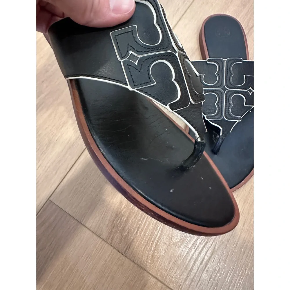 Tory Burch Miller Black Leather Thong Sandals White Contrast Stitching Logo 9.5
